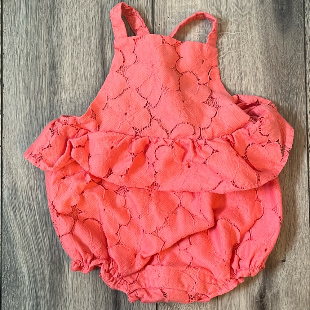 Janie and Jack coral pink lace bubble romper with ruffle waist